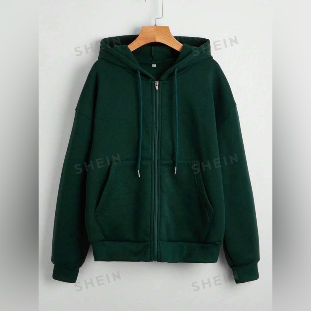SHEIN EZwear Solid Zip Up Drawstring Drop Shoulder Thermal Lined Hoodie